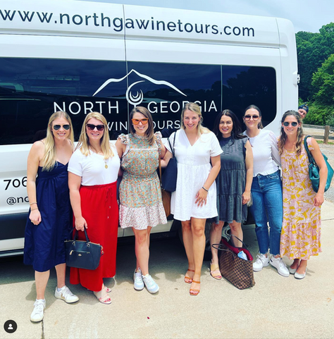 Group of guests enjoying a wine tasting experience with North Georgia Wine Tours at a scenic vineyard in the North Georgia mountains
