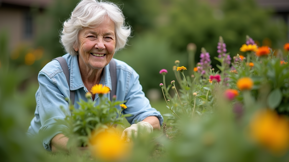 Eye-level view of a senior woman enjoying a personalized gardening activity