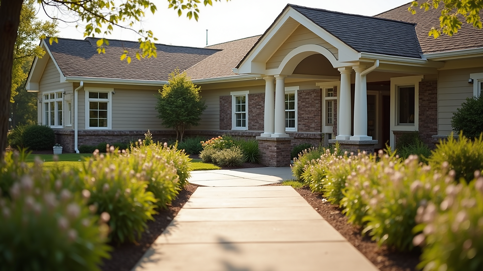 High angle view of a welcoming assisted living community entrance