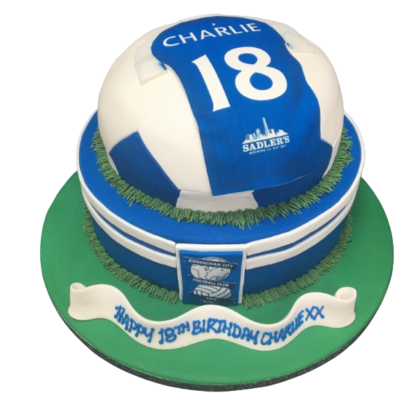 Bespoke team-themed football cake with edible goalposts and football design, crafted in Solihull, West Midlands.