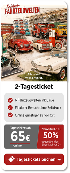 2-Tagesticket für die Fahrzeugwelten im PS.SPEICHER Einbeck mit Oldtimern, Motorrädern und historischen Fahrzeugen in mehreren Ausstellungsbereichen.“