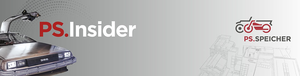 Banner des PS.Insider-Newsletters mit DeLorean-Fahrzeugmotiv und PS.SPEICHER-Logo.