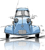 Frontansicht eines blauen Messerschmitt Kabinenrollers vor schwarzem Hintergrund, ausgestellt im PS.SPEICHER Einbeck.