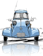 Frontansicht eines blauen Messerschmitt Kabinenrollers vor schwarzem Hintergrund, ausgestellt im PS.SPEICHER Einbeck.
