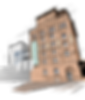 Illustration eines hohen beigen Backsteingebäudes mit vielen Fenstern neben einem weißen modernen Anbau vor schwarzem Hintergrund.