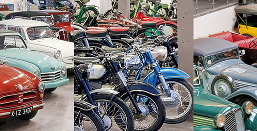 Blick in die vier PS.Depots mit Kleinwagen, Motorrädern, Autos und Nutzfahrzeugen.