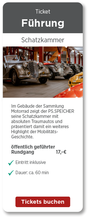 Hier reiht sich die Marke Horch an Ferrari, Mercedes-Benz oder Maybach – daher auch der Titel „Schatzkammer“. Diese Gegenüberstellung von Oldtimer-Traumautos aus den Anfängen des 20. Jahrhunderts und Supercars der Neuzeit, bietet technisch und gestalterisch einen einmaligen Kontrast zwischen Vergangenheit und Gegenwart. 

Seit über zwanzig Jahren bewahren einige Sammler ihre Fahrzeuge in einer Halle im Gebäude der heutigen Sammlung Motorrad des PS.SPEICHER in der Bismarckstraße gesichert auf. Jetzt machen sie diese Sammlung probeweise öffentlich zugänglich.

Der PS.SPEICHER in Einbeck eröffnet nun für Führungen diesen neuen Standort. Neben der Hauptausstellung und seinen vier Sammlungen, stellt die „Schatzkammer“ den exklusivsten Meilenstein dar. In der neuen Ausstellung können Besucherinnen und Besucher gut 30 historische und moderne Traumautos bestaunen, die in dieser Zusammenstellung einmalig sind. 