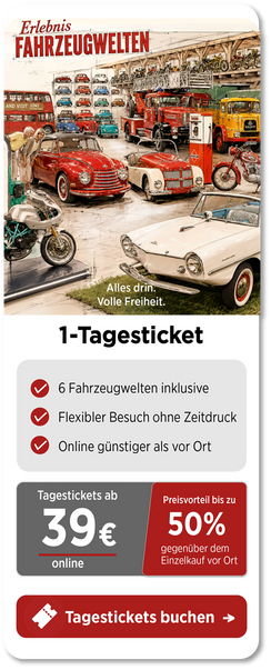 1-Tagesticket für die Fahrzeugwelten im PS.SPEICHER Einbeck mit Oldtimern, Motorrädern und historischen Fahrzeugen in mehreren Ausstellungsbereichen.“