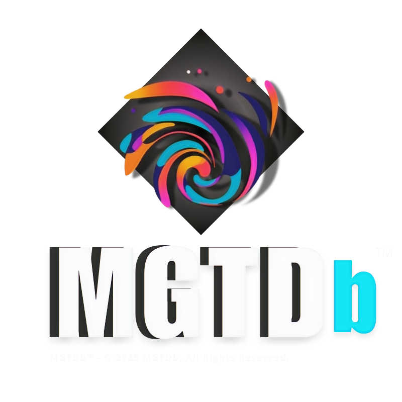 MGTDb text logo with colorful design, abstract graphic elements. MGTDb logo