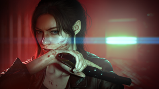 2027 Claire Redfield holding a gun and wiping blood from her face in Resident Evil Veronica.