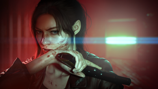 2027 Claire Redfield holding a gun and wiping blood from her face in Resident Evil Veronica.