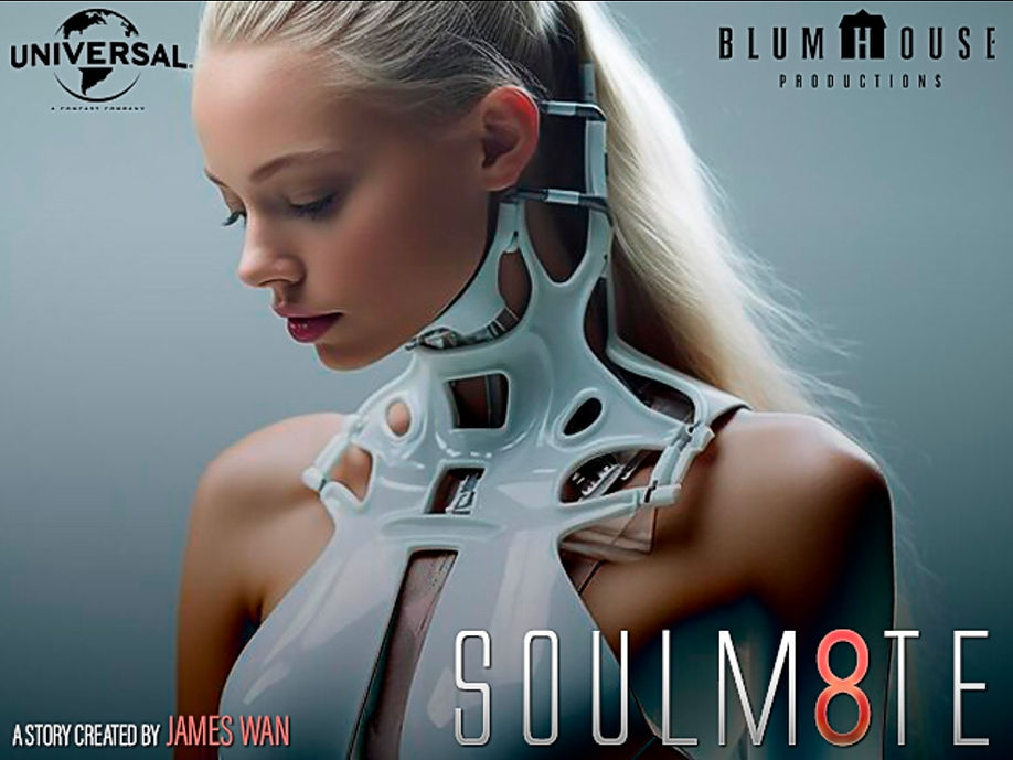 SOULM8TE Sci-fi Horror Movie poster featuring a woman in a futuristic white neck apparatus, with Universal and Blumhouse logos.