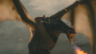 A Dragon spiting firer from the tv show House of the Dragon Season 3