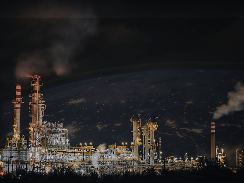 Refinery at night with illuminated Earth overlay representing global AI-driven industrial project management and energy infrastructure planning.