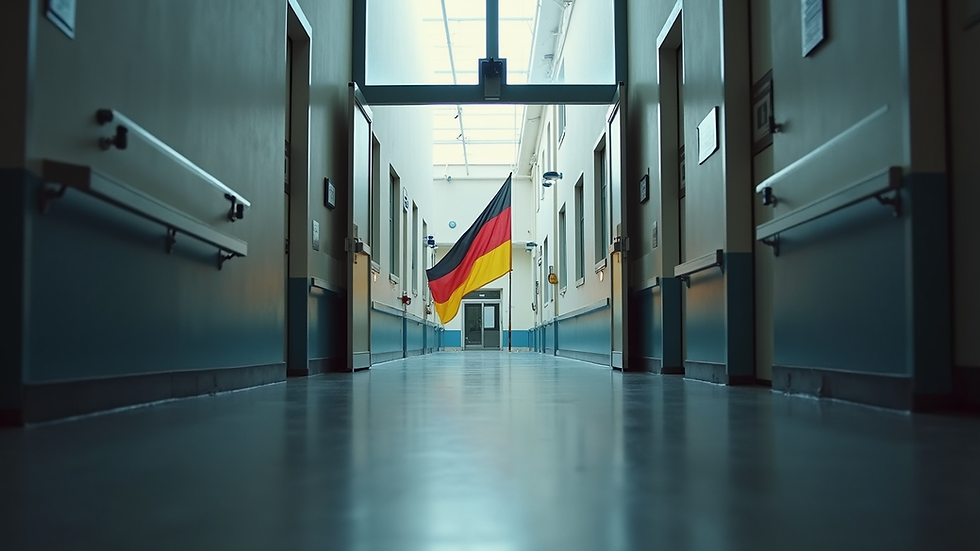 Eye-level view of a hospital entrance with a German flag