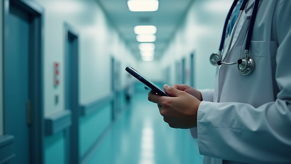 Close-up of a medical professional holding a stethoscope in a hospital corridor