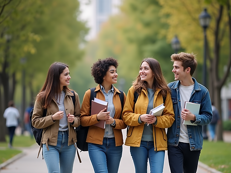 A-group-of-international-students-are-walking-together-on-a-university-campus-with-smiles-