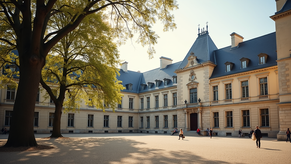 Eye-level view of a historic French university building with students walking nearby