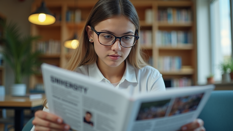 Eye-level view of a student reviewing university brochures