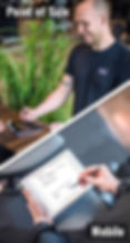 Man signs digitally on a signature pad at a counter; change of perspective shows digital signature on tablet
