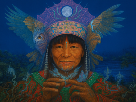Amazonian shaman with owl headdress performing ayahuasca ceremony under full moon