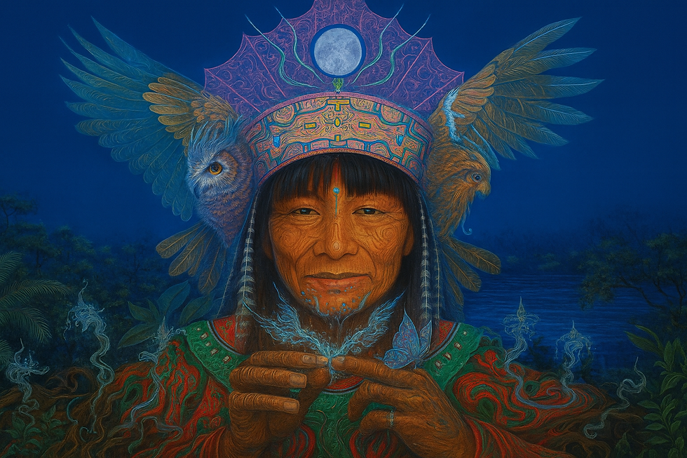 Amazonian shaman with owl headdress performing ayahuasca ceremony under full moon
