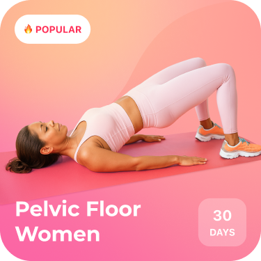 Woman doing pelvic floor exercise with "Pelvic Floor Women" and "30 DAYS" text.