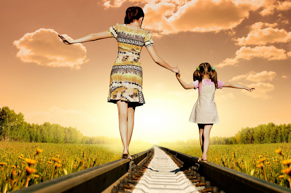 balance, mother and daughter, train track