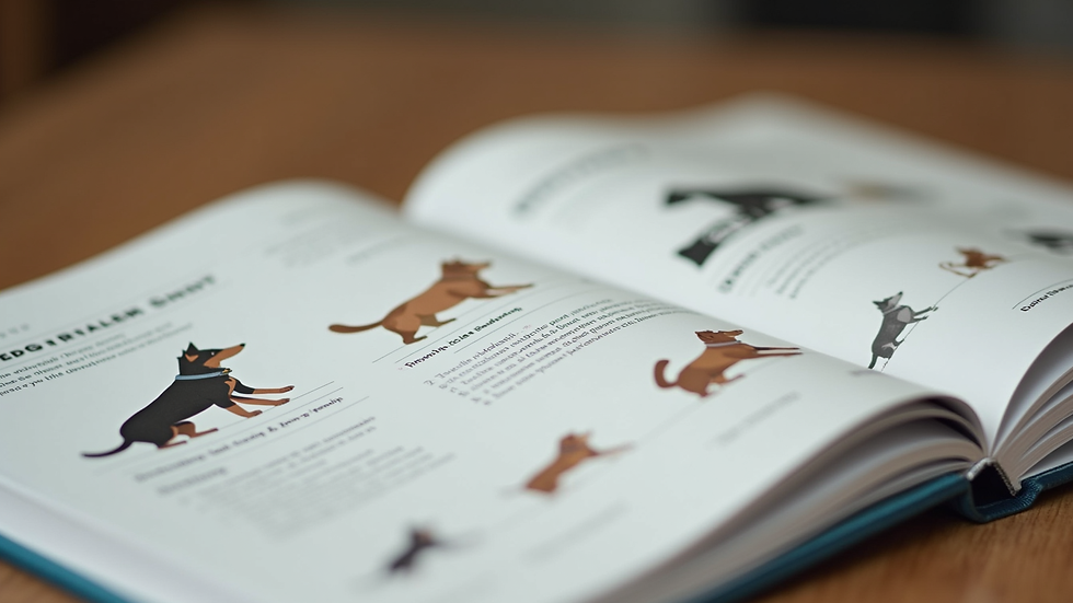 Close-up view of a training manual with pet behavior illustrations