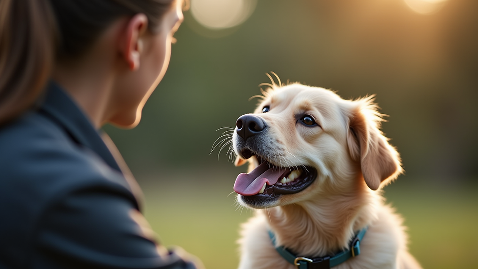 Close-up view of a pet training session with a trainer and a dog