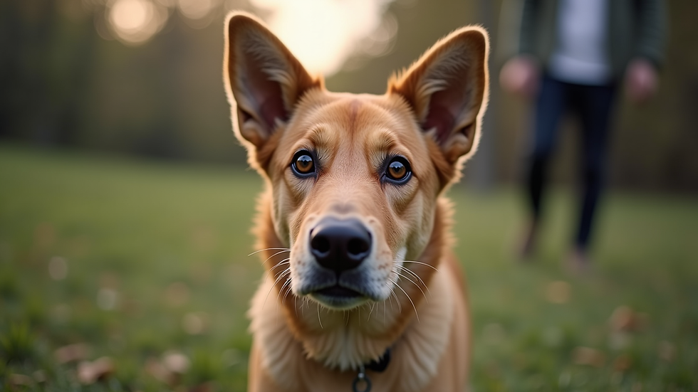 Eye-level view of a dog looking attentively at its owner