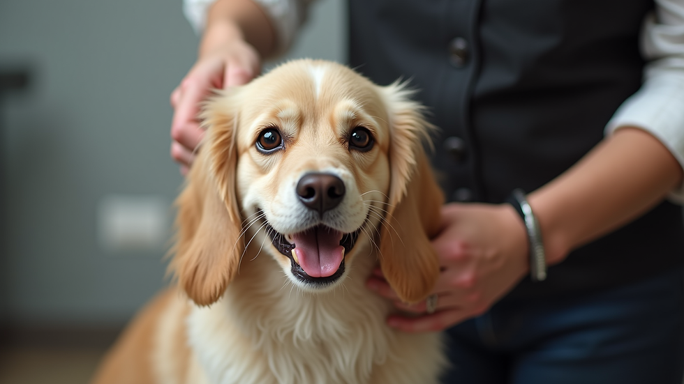 Close-up view of a happy dog being groomed