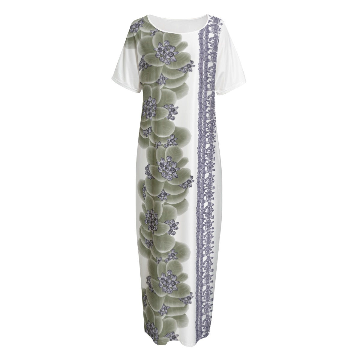 Purple Crown Flower lei's on White - Women's Night Long Dress With Pocket