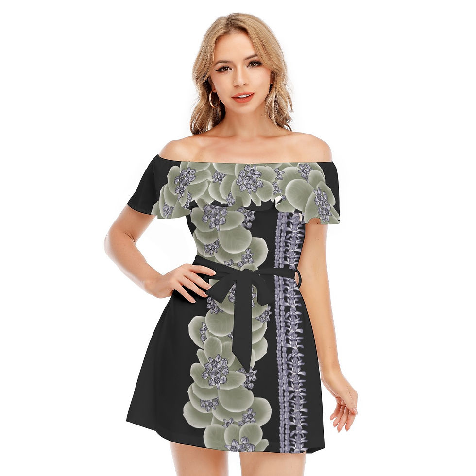 Thumbnail: Purple Crown Flower with Lei's on Black - Women's Off-shoulder Dress With Ruffle
