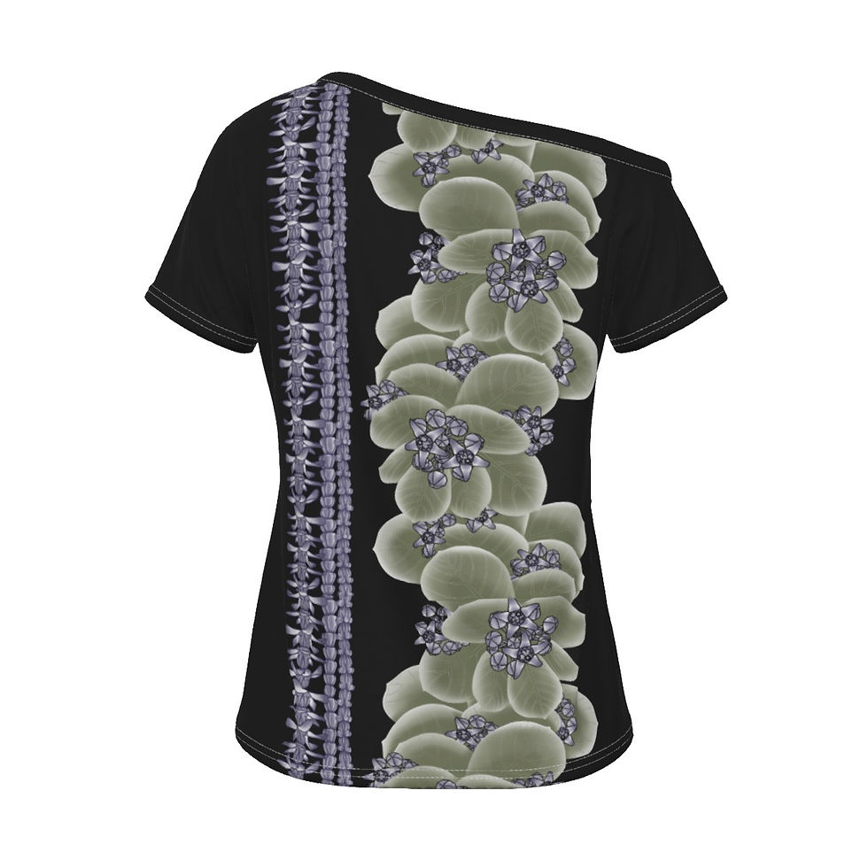 Thumbnail: Purple Crown Flower with Lei's on Black -  Women's Off-Shoulder T-shirt