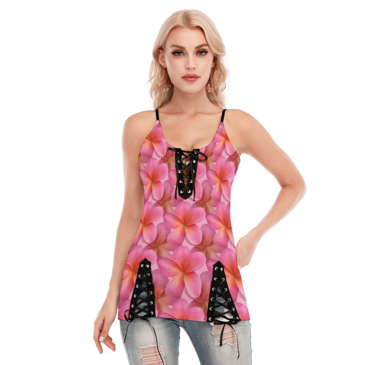 Pink Plumeria - Women's V-neck Eyelet Lace-up Cami Tank-top Front View
