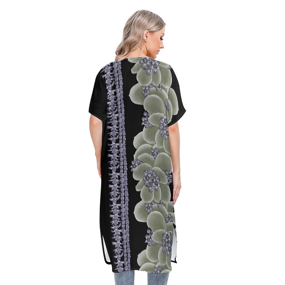 Thumbnail: Purple Crown Flower with Lei's on Black - Women's Short Sleeve Cardigan