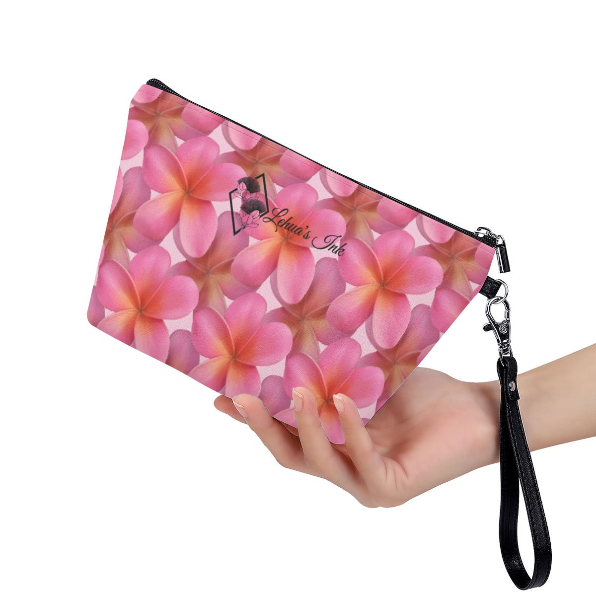 Pink Plumeria - Cosmetic Bag With Black Handle