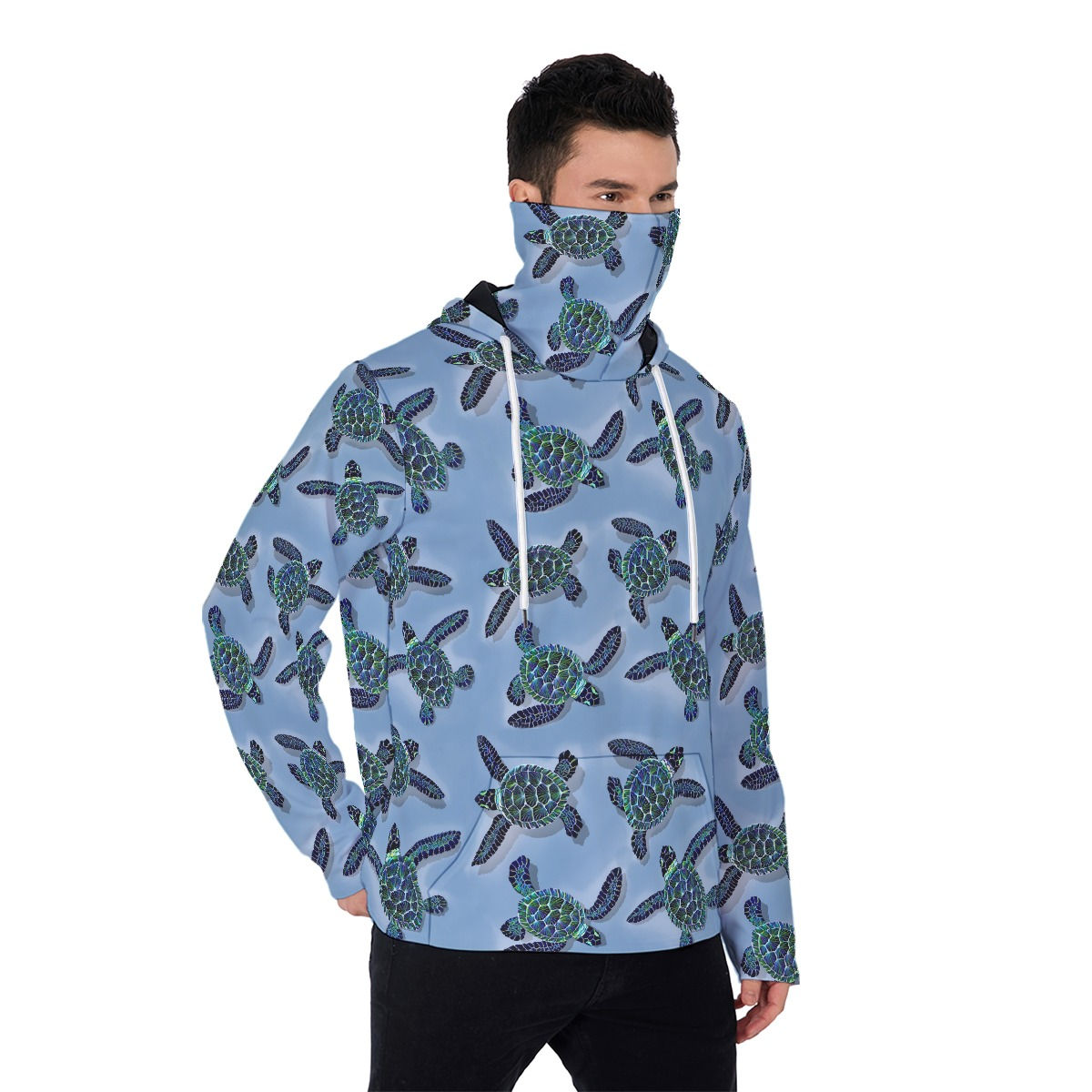 Blue Black and Green Honu - Men's Pullover Hoodie With Mask