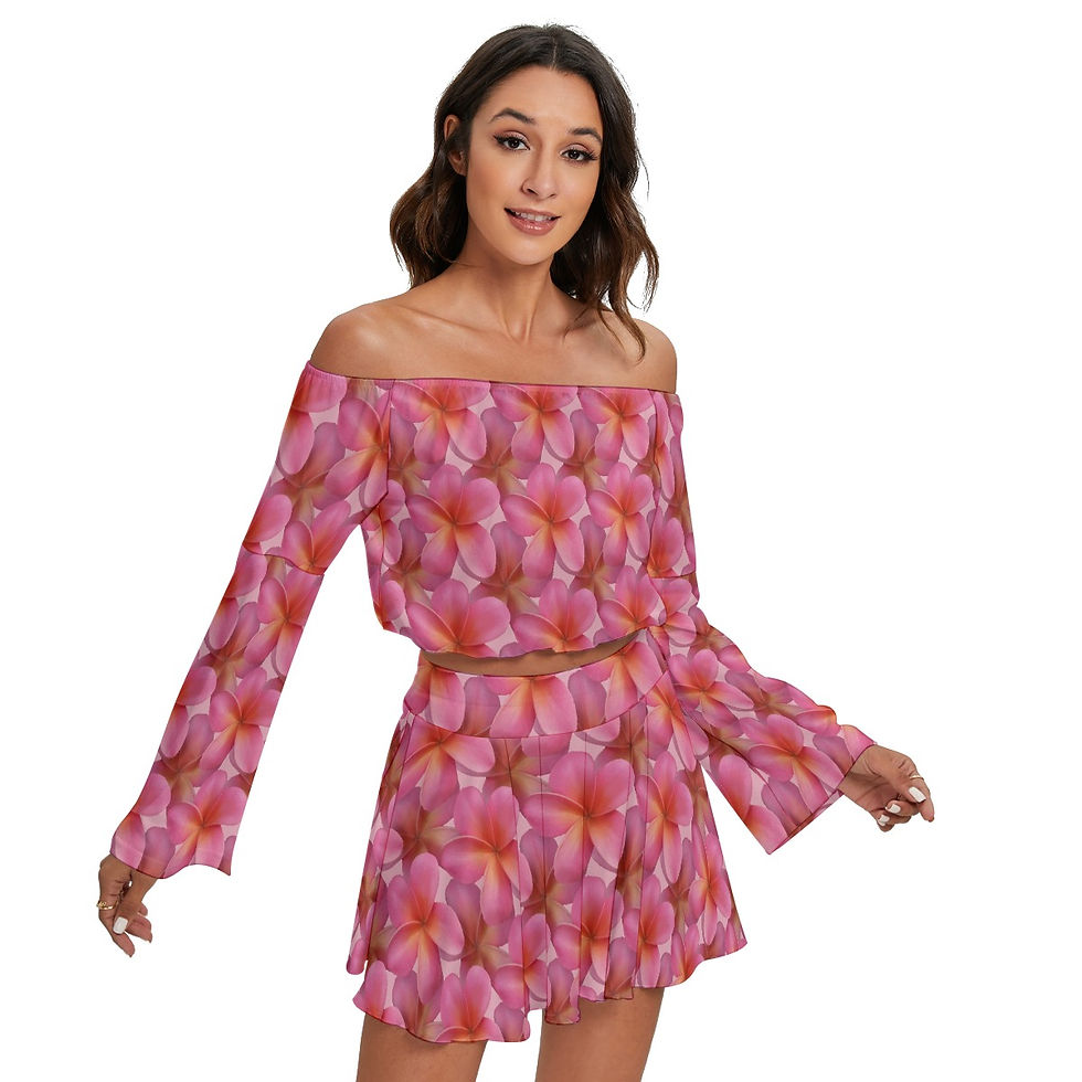 Thumbnail: Pink Plumeria -Women's Off-shoulder Top And Skirt Set Front View