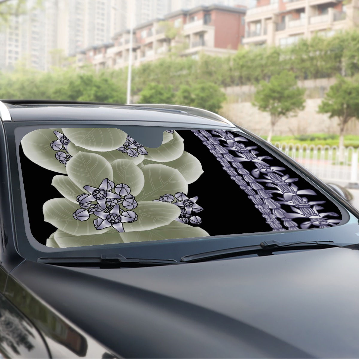 Purple Crown Flower with Lei's on Black - Windshield Sunshade
