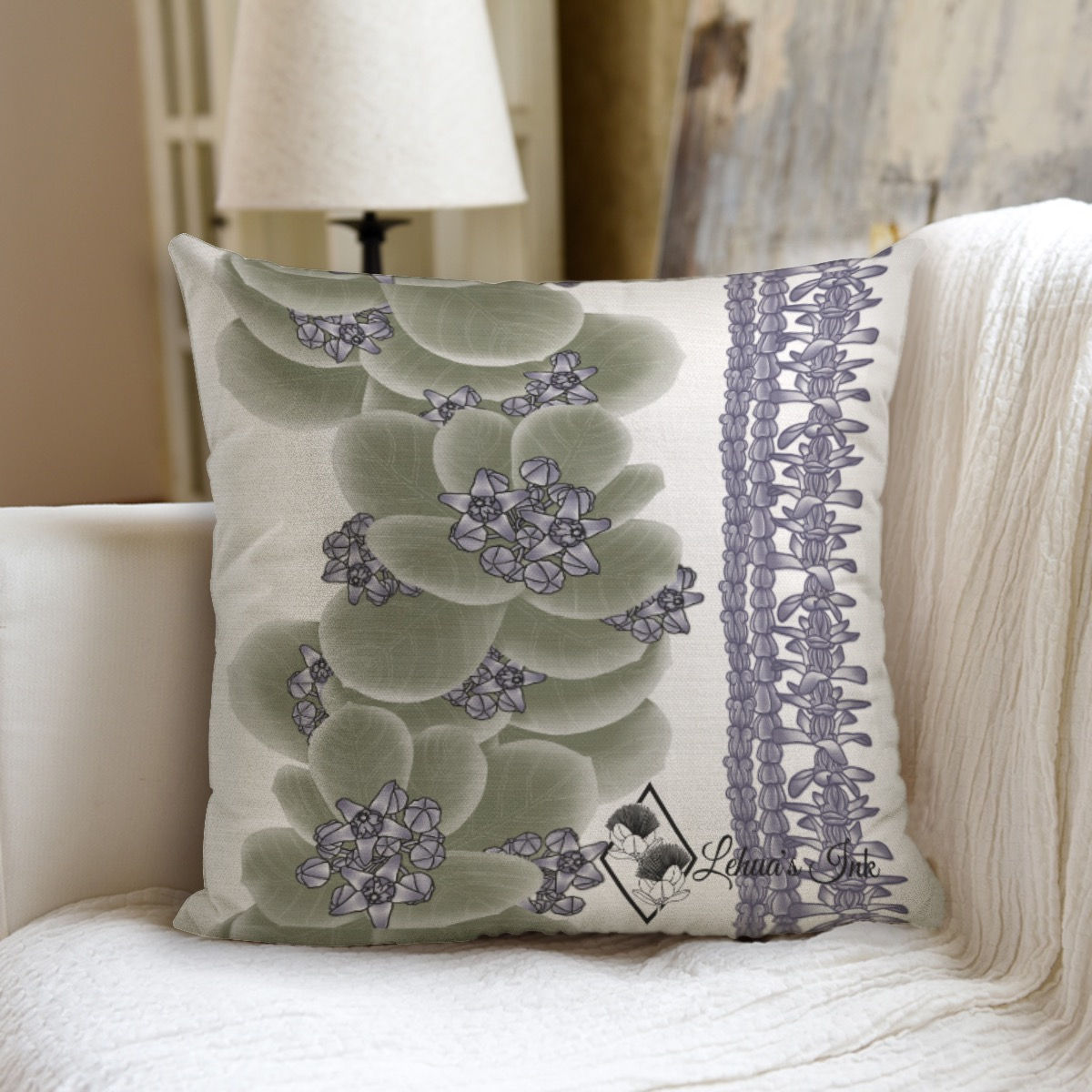 Purple Crown Flower with Lei White - Couch pillow with pillow Inserts