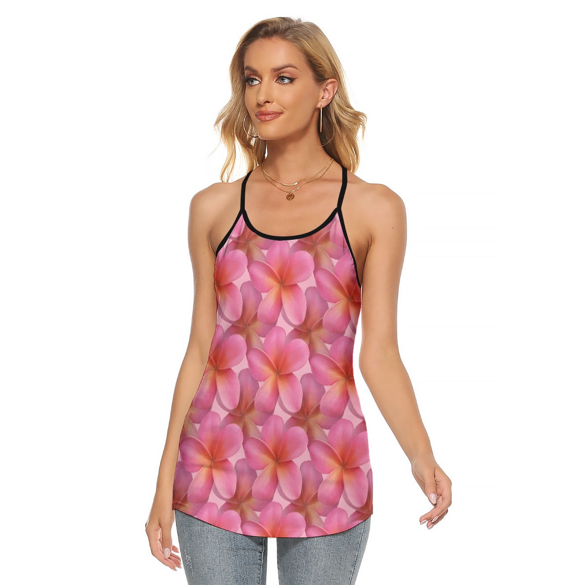 Pink Plumeria - Women's Criss-Cross Open Back Tank Top