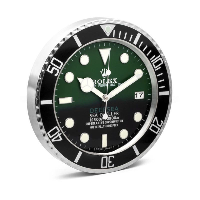 Rolex Deepsea black & green dial wall clock angled view showing stainless steel case