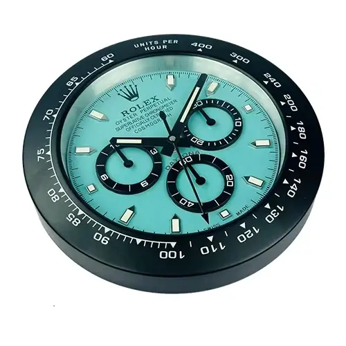 Rolex Daytona Tiffany blue wall clock angled view showing bezel and chronograph subdials