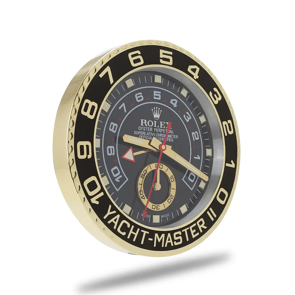 Rolex Yacht-Master II gold black wall clock angled view stainless steel case and luminous dial markers