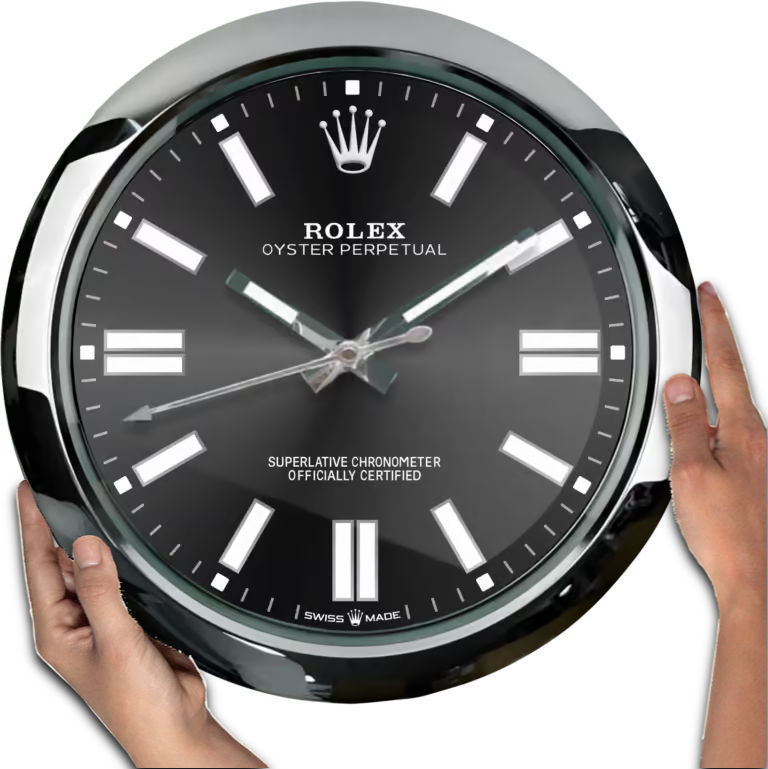 Rolex Oyster Perpetual black dial wall clock view showing polished steel case and classic layout