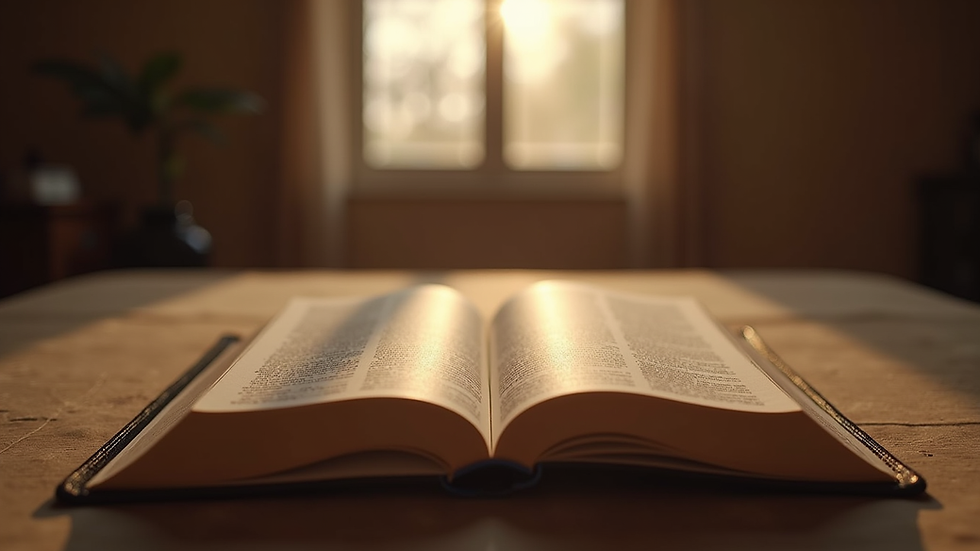 Eye-level view of a cozy Bible study setting with open books and a warm ambiance