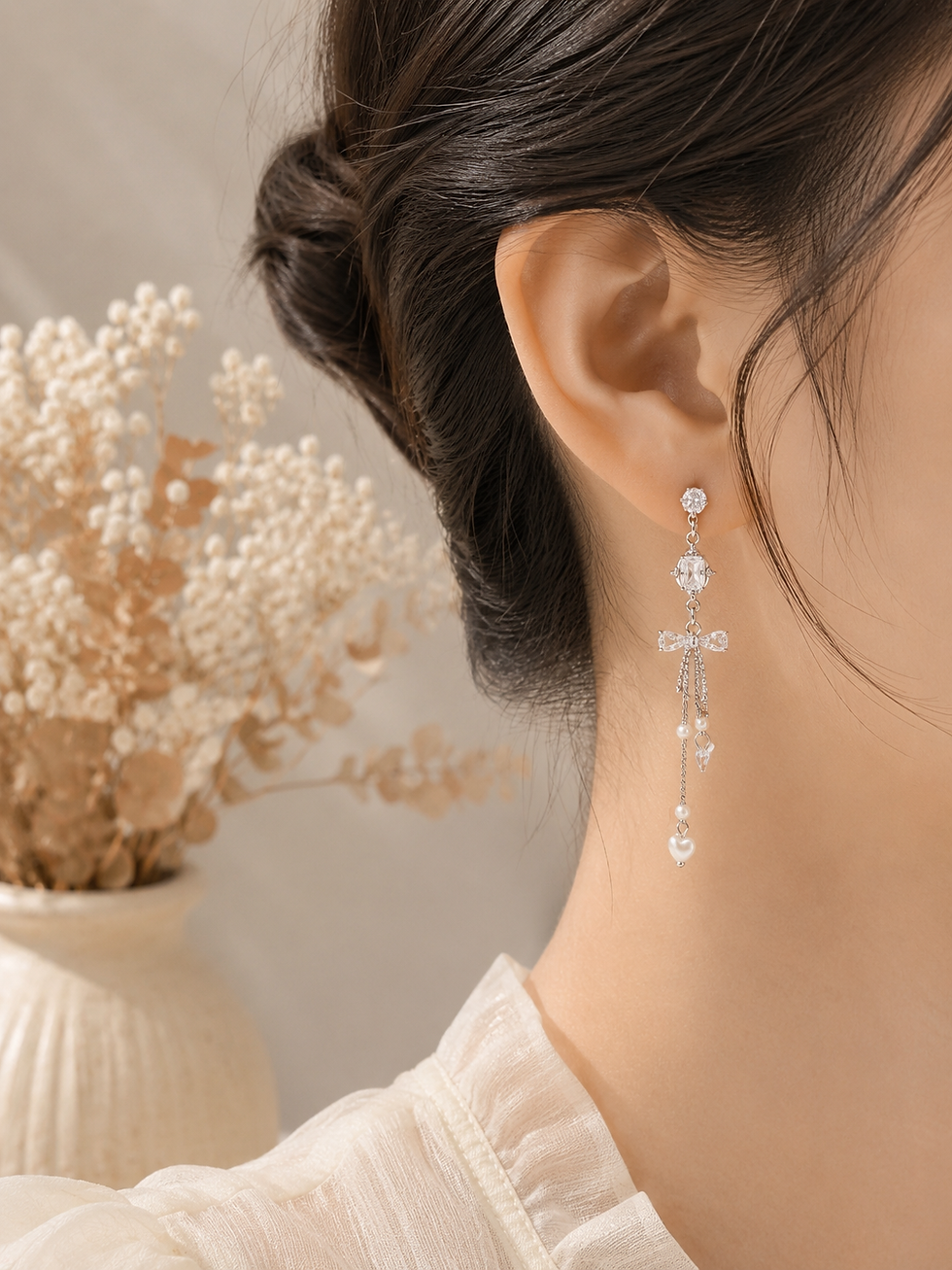 Thumbnail: Silver Bow Tassel Earrings
