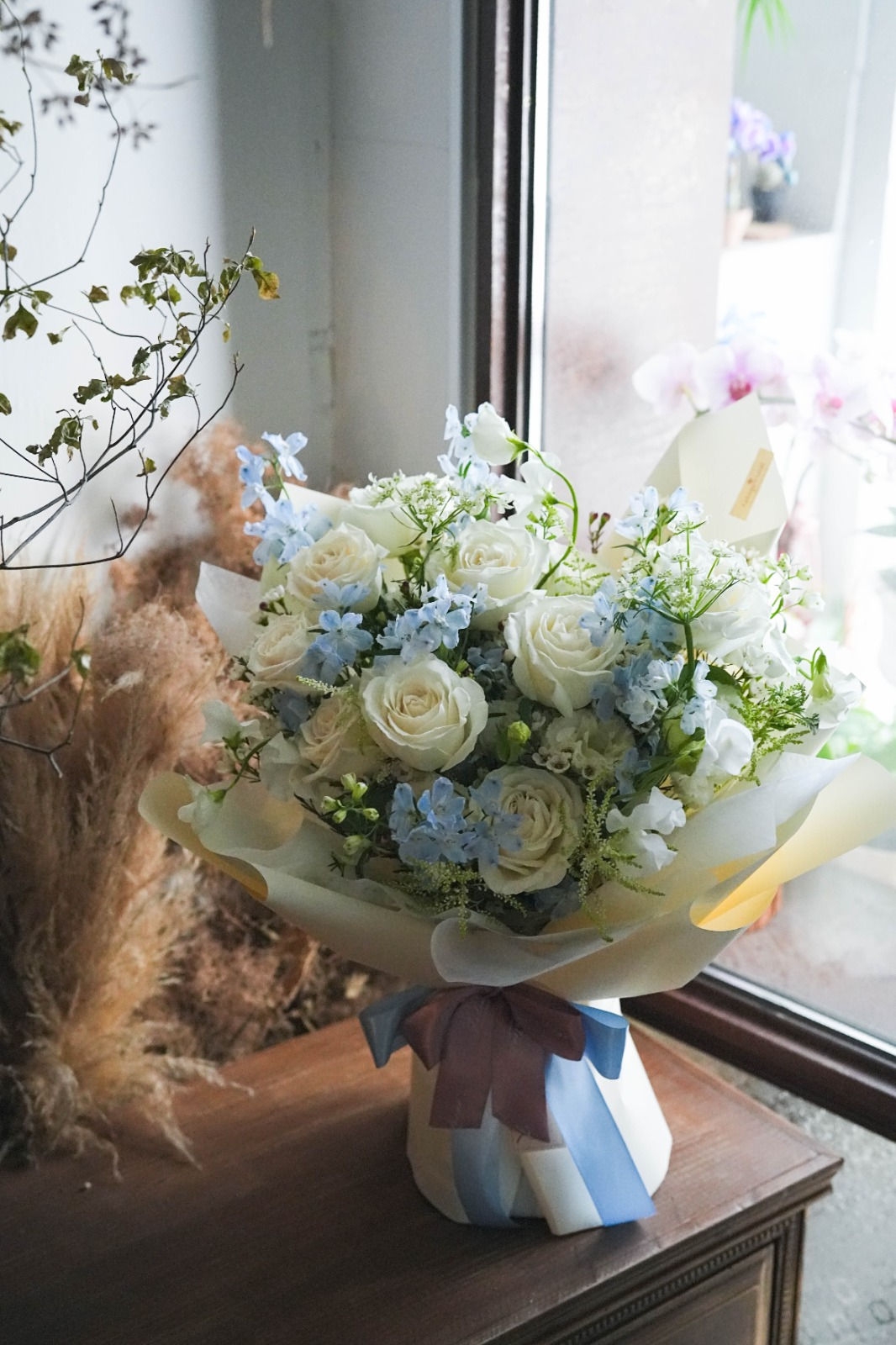 White Rose w/ Delphinium |Flower Bouquet